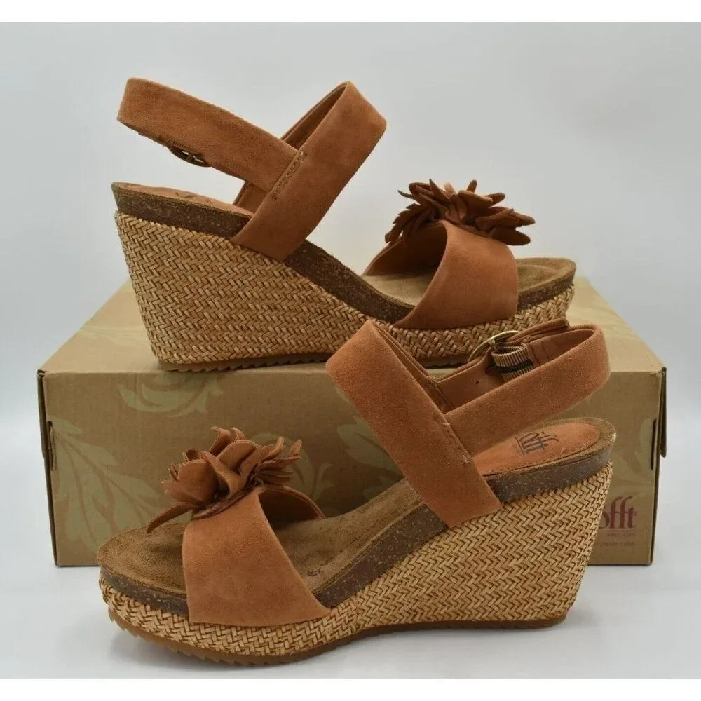 Sofft‎ Womens Size 11 Cali Ginger Tan Suede Wedge Open Toe Floral Sandals Shoes